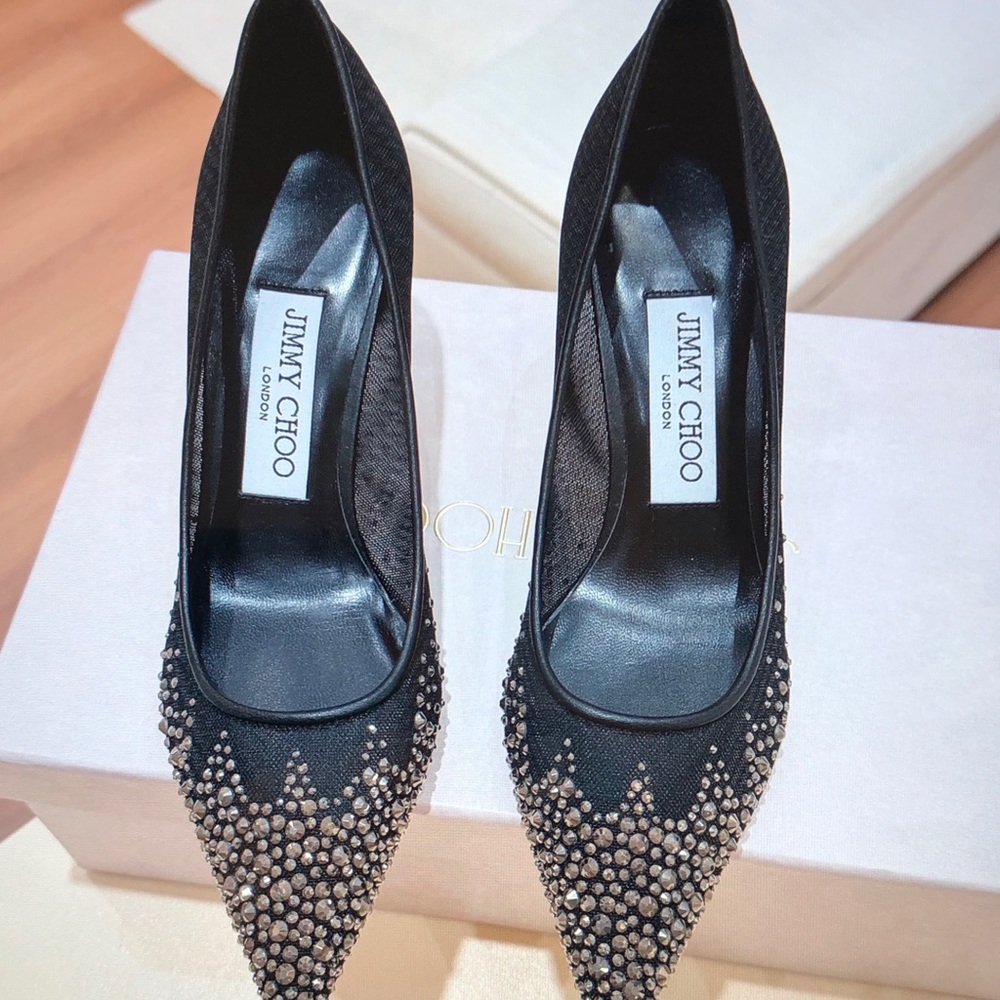 Jimmy Choo Black Pointed-Toe Mesh Flats with Crystal Studs - Picture 2 of 5